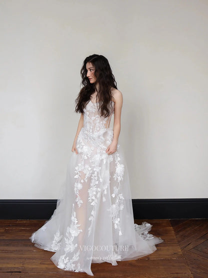 Wedding Dresses 2025 to impress Romantic Strapless Lace Appliqué Wedding Dress with Sheer Corset Bodice and Chapel Train – RD030-vigocouture-vigocouture