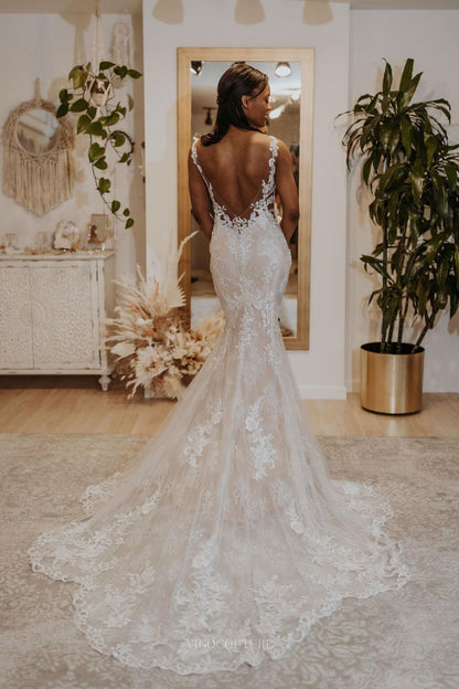 Rustic Lace Applique Spaghetti Strap Wedding Dress Mermaid V-Neck Bridal Gown w0134 Ivory / 16W Rustic Lace Applique Spaghetti Strap Wedding Dress Mermaid V-Neck Bridal Gown w0134 Ivory / 16W