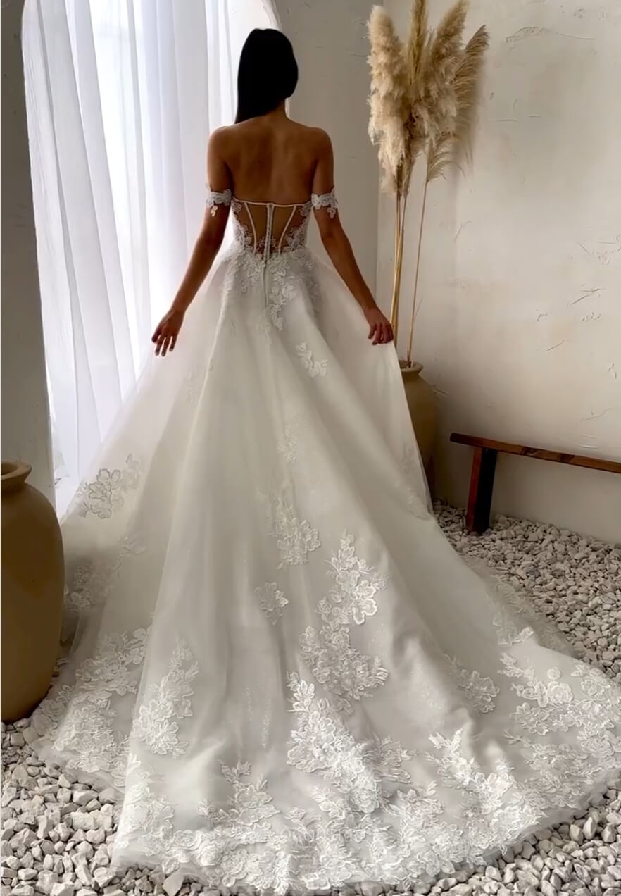 Rustic Lace Applique Wedding Dress Ivory Off the Shoulder Bridal Gown W0129 Custom Colors / 26W Rustic Lace Applique Wedding Dress Ivory Off the Shoulder Bridal Gown W0129 Custom Colors / 26W