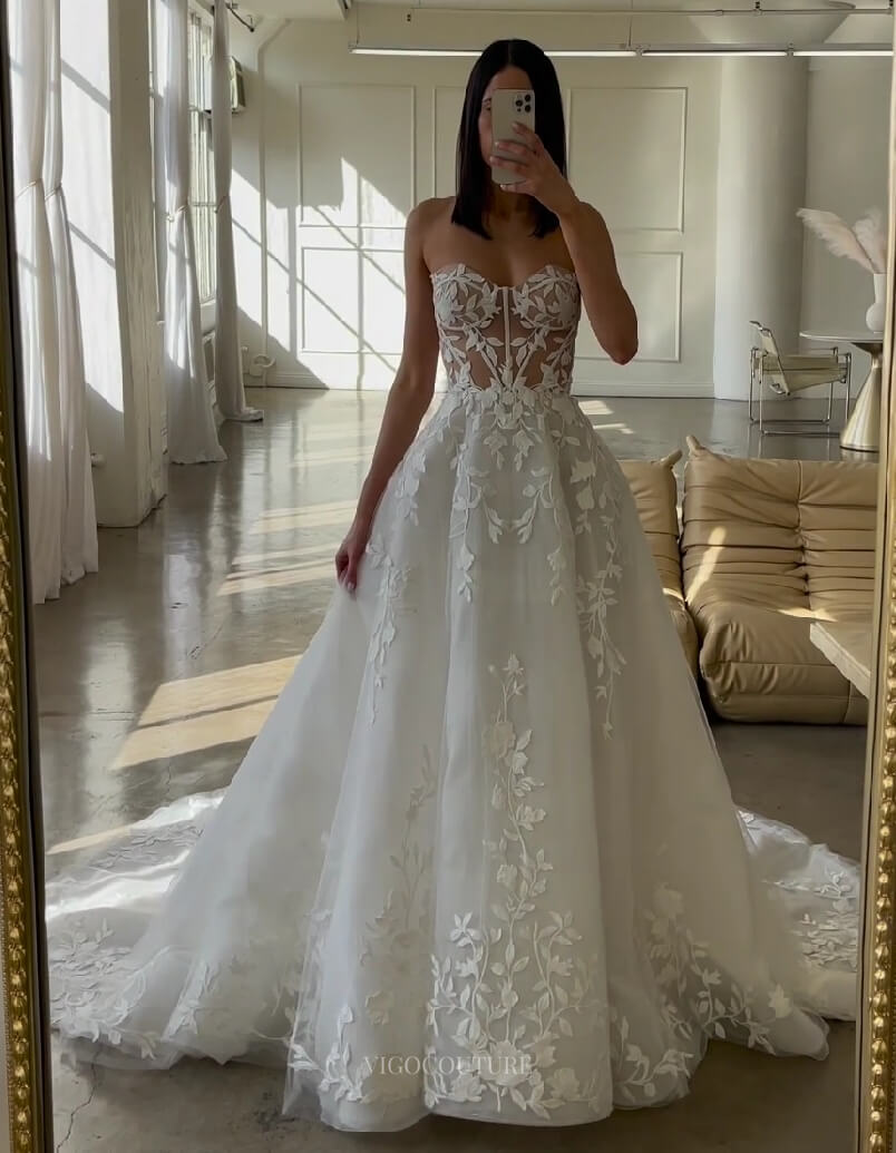 Sheer Strapless Lace Applique Wedding Dress Chapel Train Bridal Gown W0127-Wedding Dresses-vigocouture-Ivory-US2-vigocouture