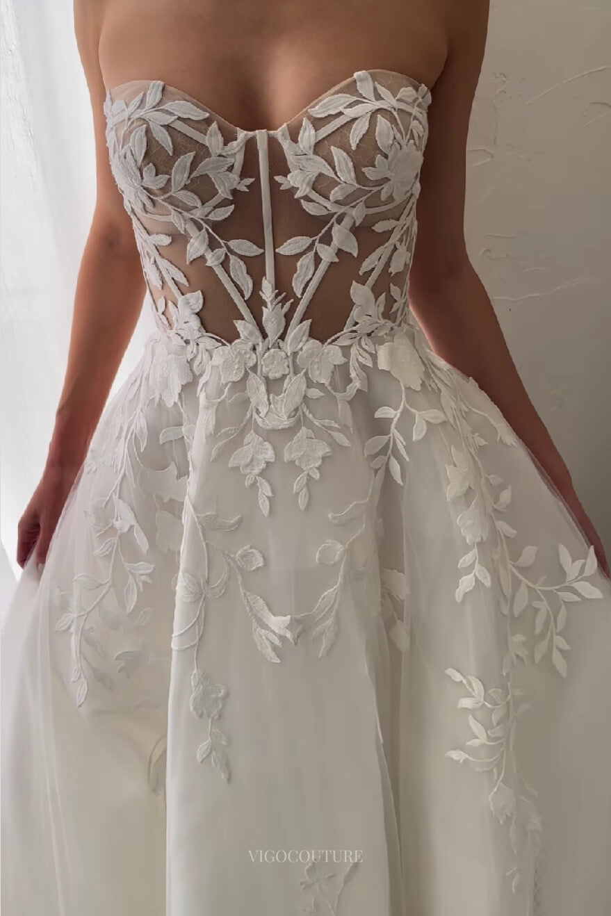 Sheer Strapless Lace Applique Wedding Dress Chapel Train Bridal Gown W0127-Wedding Dresses-vigocouture-Ivory-US2-vigocouture