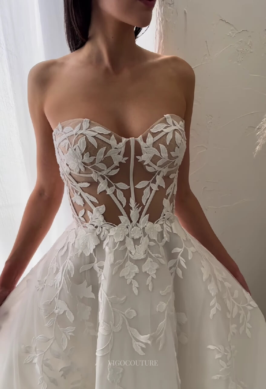 Sheer Strapless Lace Applique Wedding Dress Chapel Train Bridal Gown W0127-Wedding Dresses-vigocouture-Ivory-US2-vigocouture