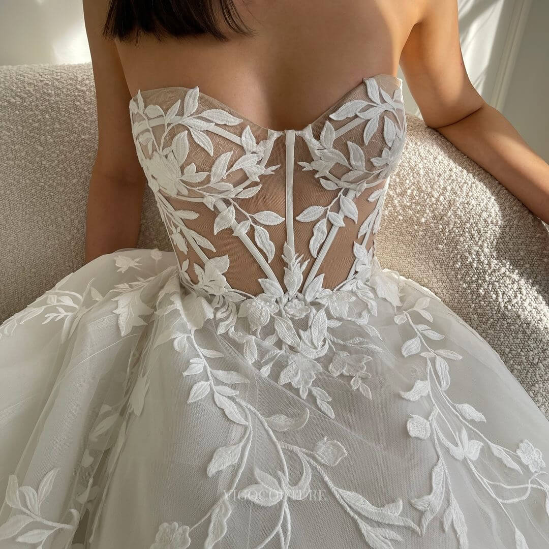 Sheer Strapless Lace Applique Wedding Dress Chapel Train Bridal Gown W0127-Wedding Dresses-vigocouture-Ivory-US2-vigocouture