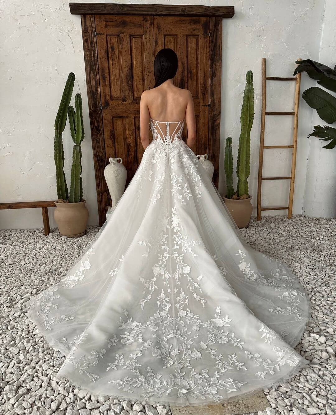 Sheer Strapless Lace Applique Wedding Dress Chapel Train Bridal Gown W0127-Wedding Dresses-vigocouture-Ivory-US2-vigocouture