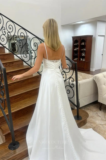 Wedding Dresses 2025 to impress Simple A-Line Satin Wedding Dress with Pearl Embellished Neckline and Spaghetti Straps – W2364-vigocouture-vigocouture