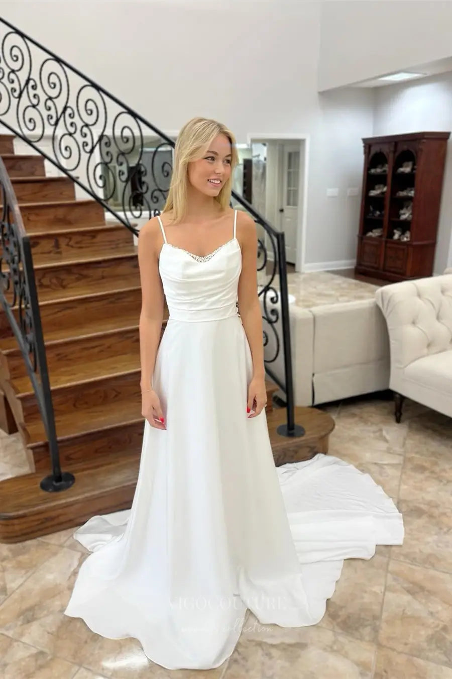Wedding Dresses 2025 to impress Simple A-Line Satin Wedding Dress with Pearl Embellished Neckline and Spaghetti Straps – W2364-vigocouture-vigocouture
