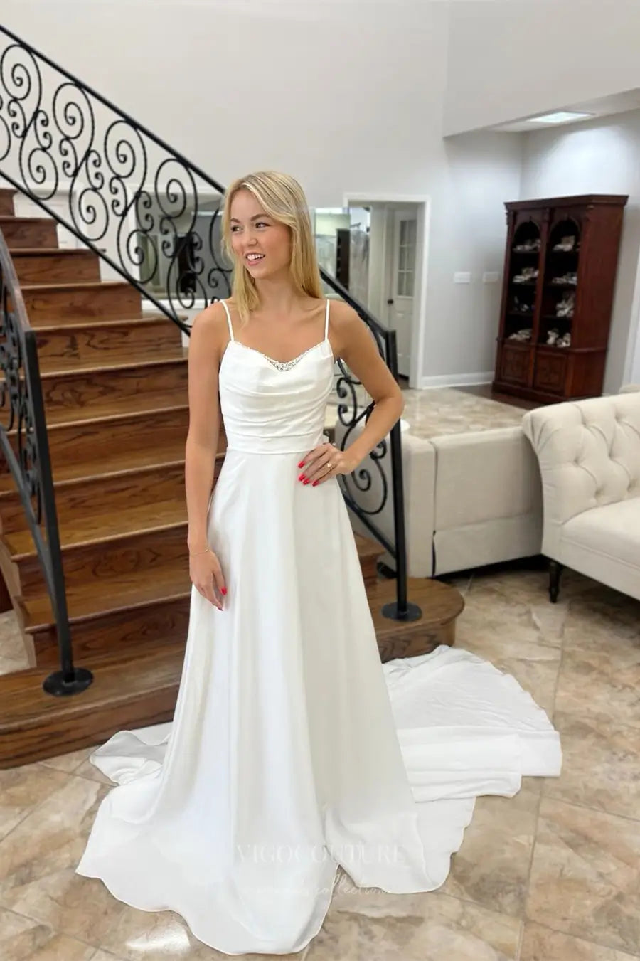 Simple A-Line Satin Wedding Dress with Pearl Embellished Neckline and Spaghetti Straps – W2364