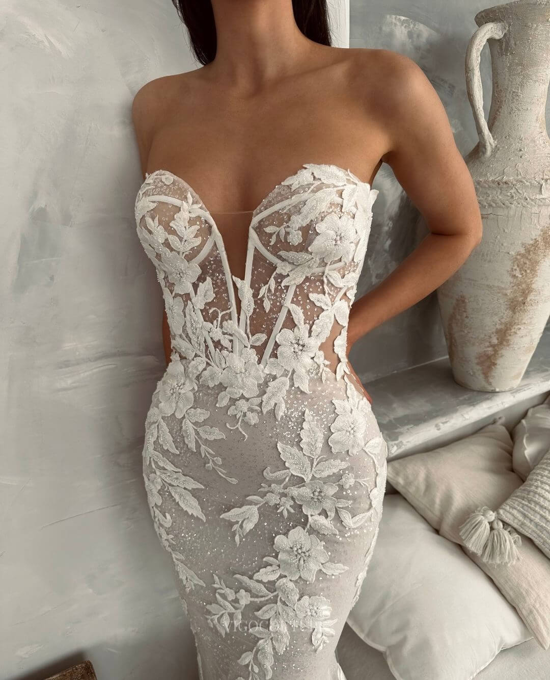 sparkly boho dress Sparkly Botanic Lace Bell Sleeve Mermaid Boho Wedding Dress Light Ivory / Dress + Sleeves