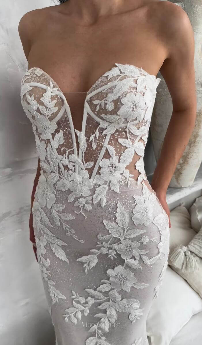 Sparkly Beaded Lace Applique Boho Wedding Dress Mermaid Sweetheart Bridal Gown W0130 Ivory / 26W Sparkly Beaded Lace Applique Boho Wedding Dress Mermaid Sweetheart Bridal Gown W0130 Ivory / 26W