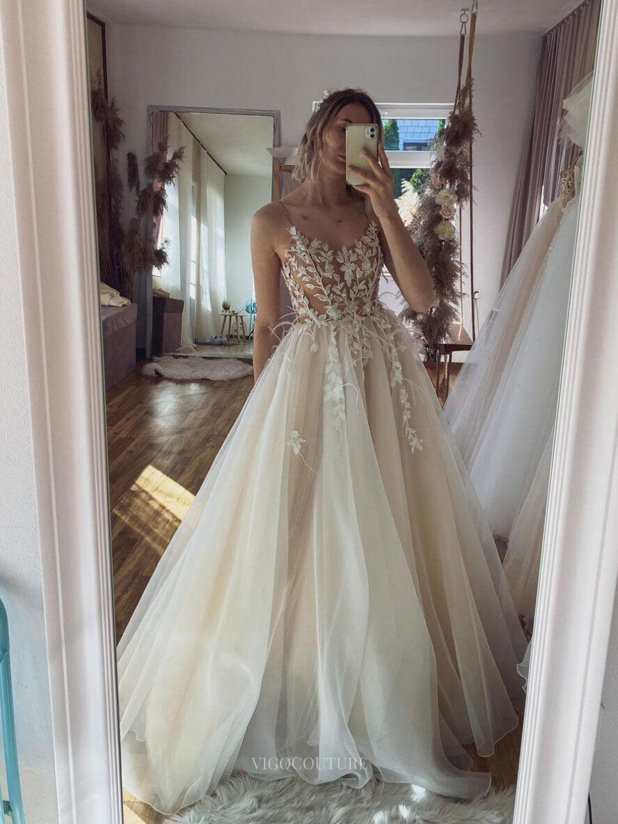 Sparkly Lace Applique Wedding Dress Rustic Spaghetti Strap Bridal Gown vigocouture Sparkly Lace Applique Wedding Dress Rustic Spaghetti Strap Bridal Gown vigocouture