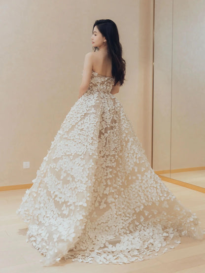 Wedding Dresses 2025 to impress Strapless 3D Floral Appliqué Wedding Ball Gown with Nude Illusion Tulle – Style RD009-vigocouture-vigocouture