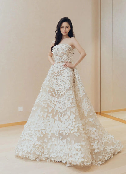 Wedding Dresses 2025 to impress Strapless 3D Floral Appliqué Wedding Ball Gown with Nude Illusion Tulle – Style RD009-vigocouture-Nude-Custom Size-vigocouture