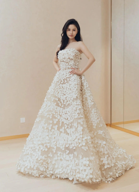 Wedding Dresses 2025 to impress Strapless 3D Floral Appliqué Wedding Ball Gown with Nude Illusion Tulle – Style RD009-vigocouture-Nude-Custom Size-vigocouture