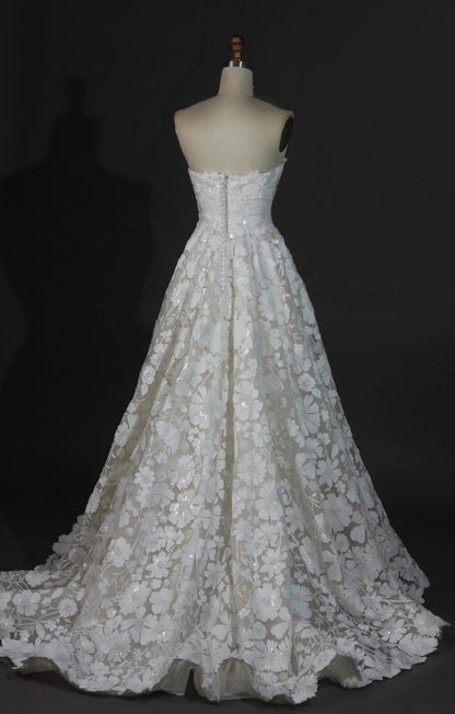 Wedding Dresses 2025 to impress Strapless 3D Floral Lace A-Line Wedding Dress with Sequin Appliqué – RD024-vigocouture-vigocouture