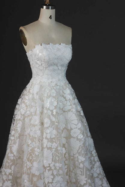 Wedding Dresses 2025 to impress Strapless 3D Floral Lace A-Line Wedding Dress with Sequin Appliqué – RD024-vigocouture-vigocouture