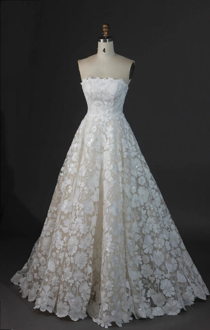 Wedding Dresses 2025 to impress Strapless 3D Floral Lace A-Line Wedding Dress with Sequin Appliqué – RD024-vigocouture-Ivory-Custom Size-vigocouture