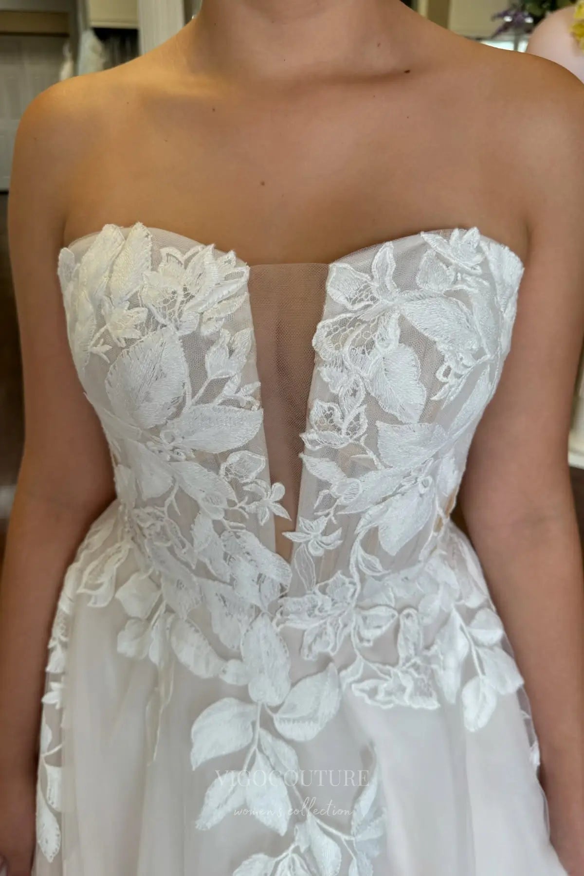 Wedding Dresses 2025 to impress Strapless Lace Appliqué Ball Gown Wedding Dress with Plunging V Neck and Cathedral Train – W2241-vigocouture-vigocouture