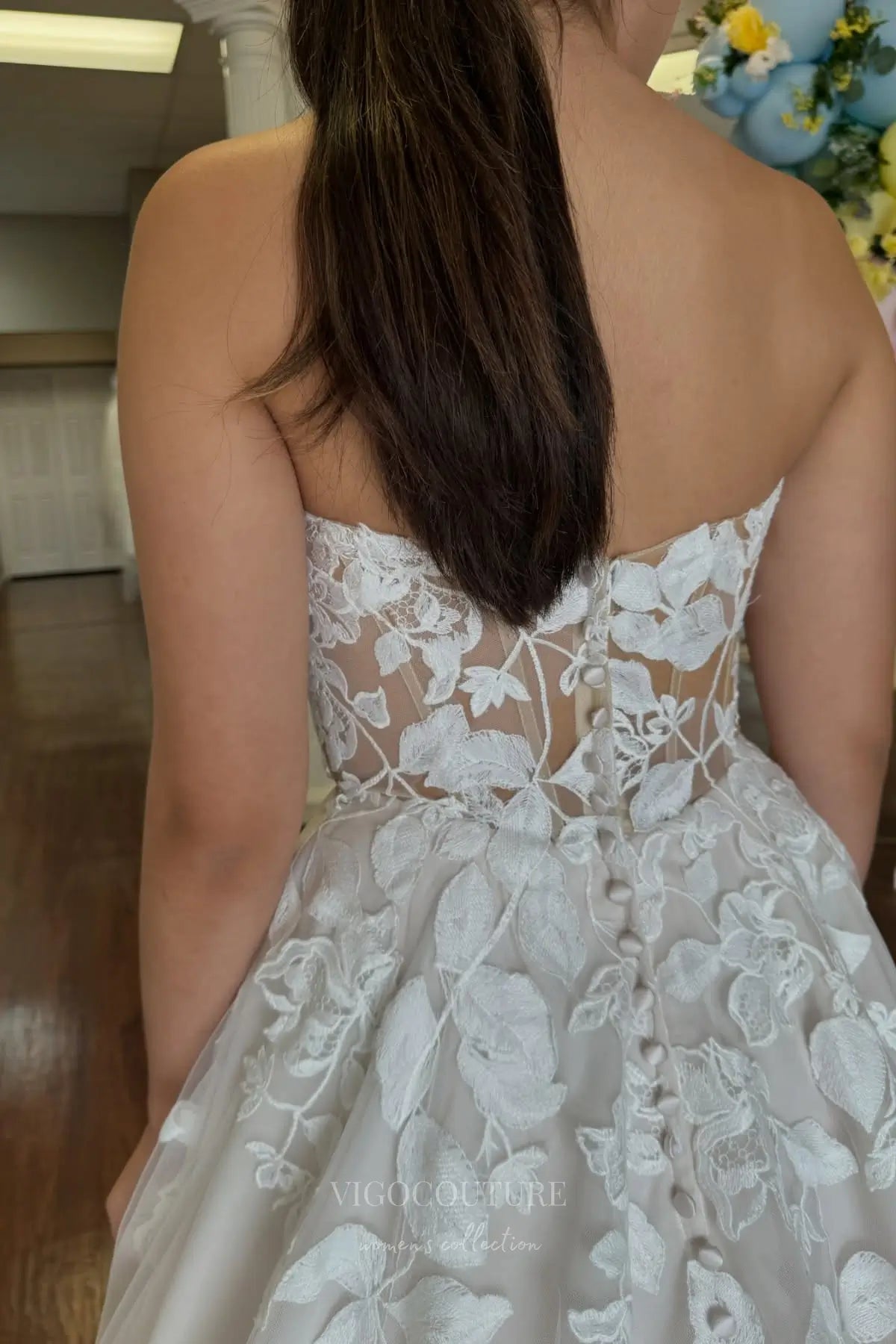 Wedding Dresses 2025 to impress Strapless Lace Appliqué Ball Gown Wedding Dress with Plunging V Neck and Cathedral Train – W2241-vigocouture-vigocouture