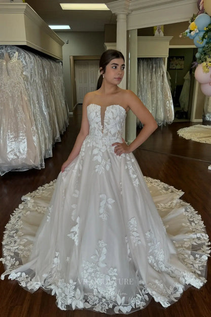Strapless Lace Appliqué Ball Gown Wedding Dress with Plunging V Neck and Cathedral Train – W2241