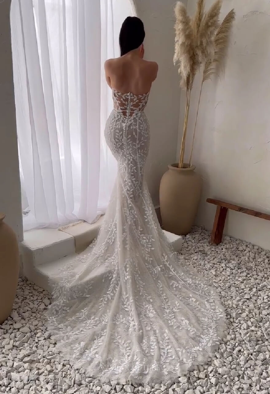 Strapless Lace Applique Sweetheart Wedding Dress Mermaid Chapel Train Bridal Gown W0128-Wedding Dresses-vigocouture-Ivory-US2-vigocouture