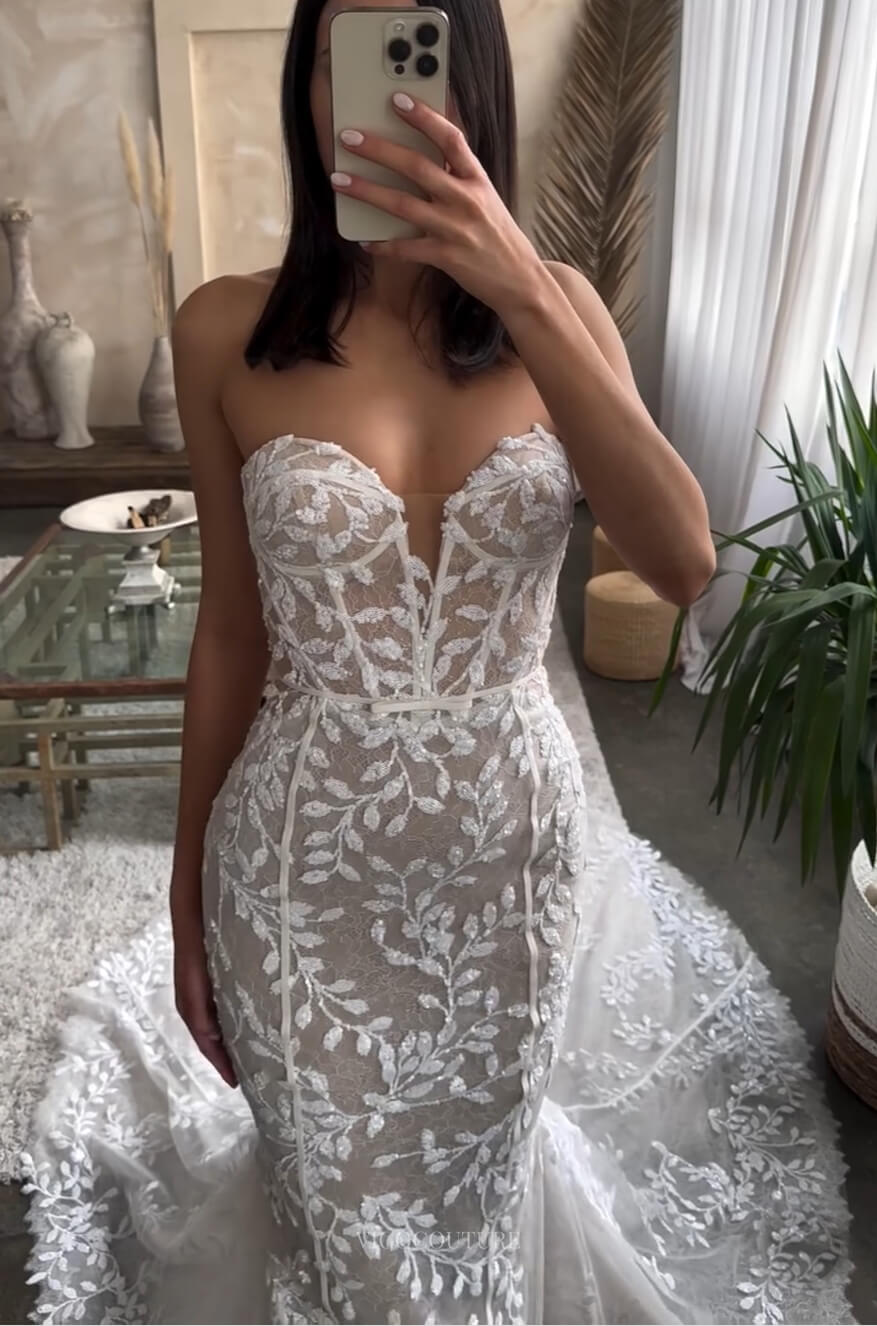 Strapless Lace Applique Sweetheart Wedding Dress Mermaid Chapel Train Bridal Gown W0128-Wedding Dresses-vigocouture-Ivory-US2-vigocouture