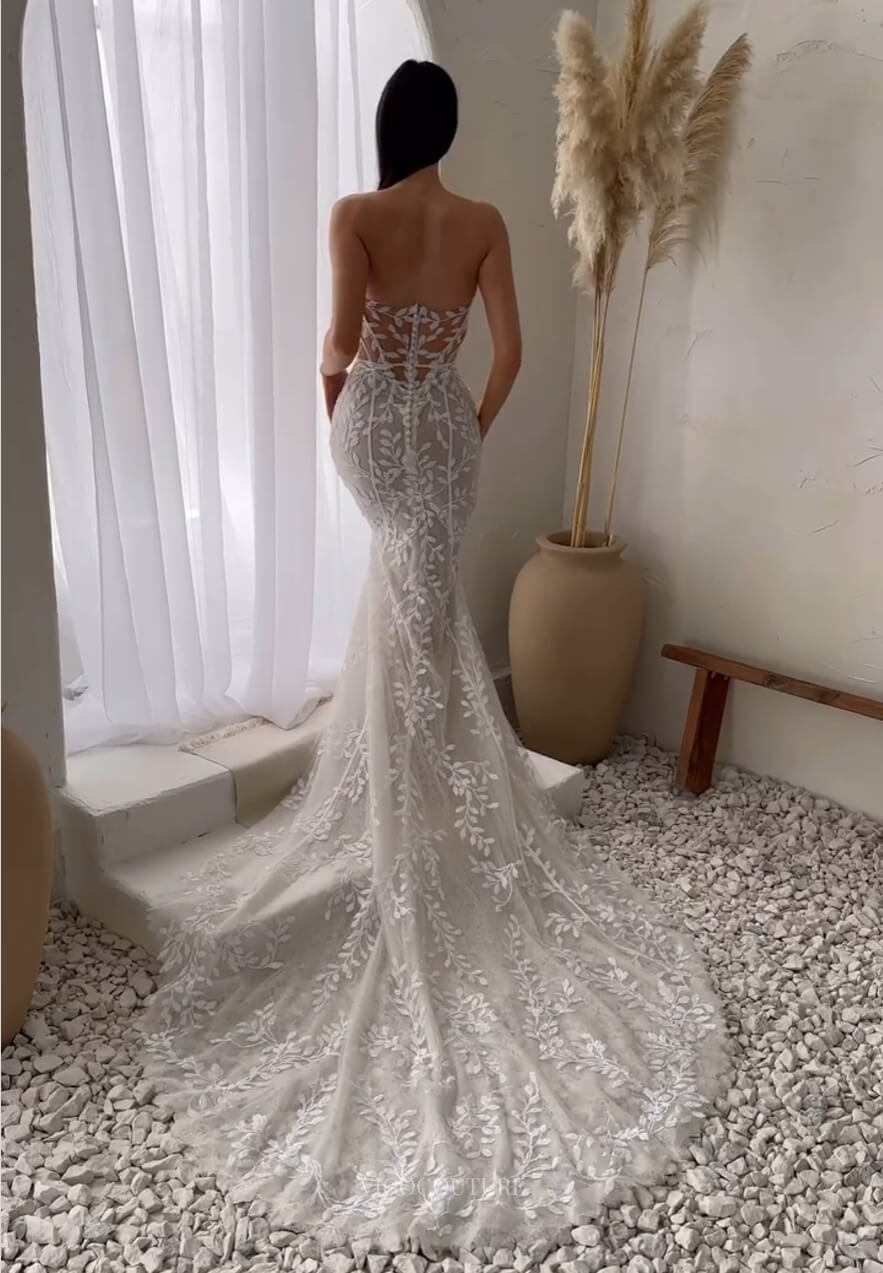 Strapless Lace Applique Sweetheart Wedding Dress Mermaid Chapel Train Bridal Gown W0128-Wedding Dresses-vigocouture-Ivory-US2-vigocouture