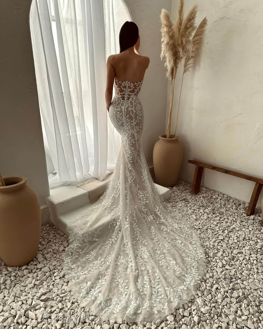 Strapless Lace Applique Sweetheart Wedding Dress Mermaid Chapel Train Bridal Gown W0128-Wedding Dresses-vigocouture-Ivory-US2-vigocouture