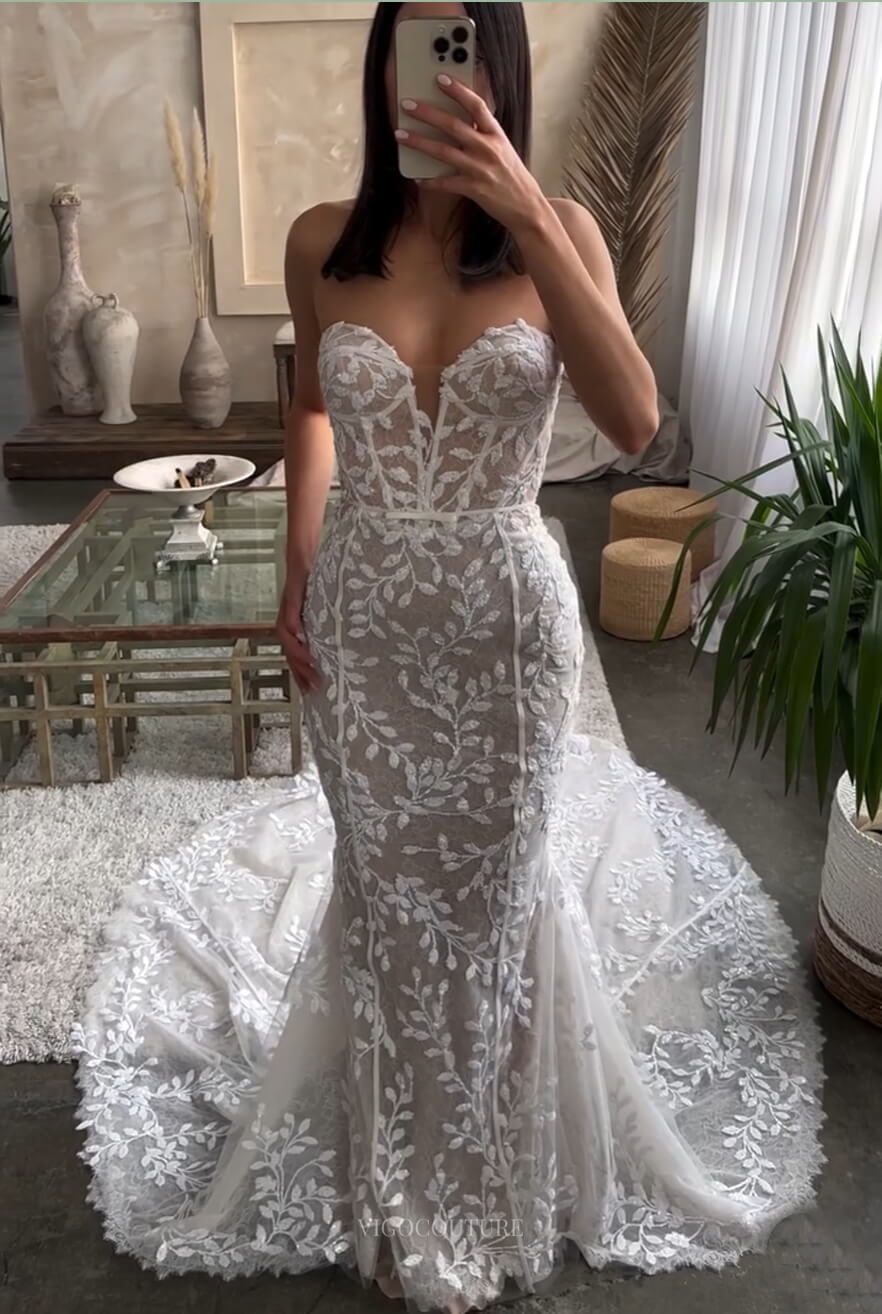 Strapless Lace Applique Sweetheart Wedding Dress Mermaid Chapel Train Bridal Gown W0128-Wedding Dresses-vigocouture-Ivory-US2-vigocouture