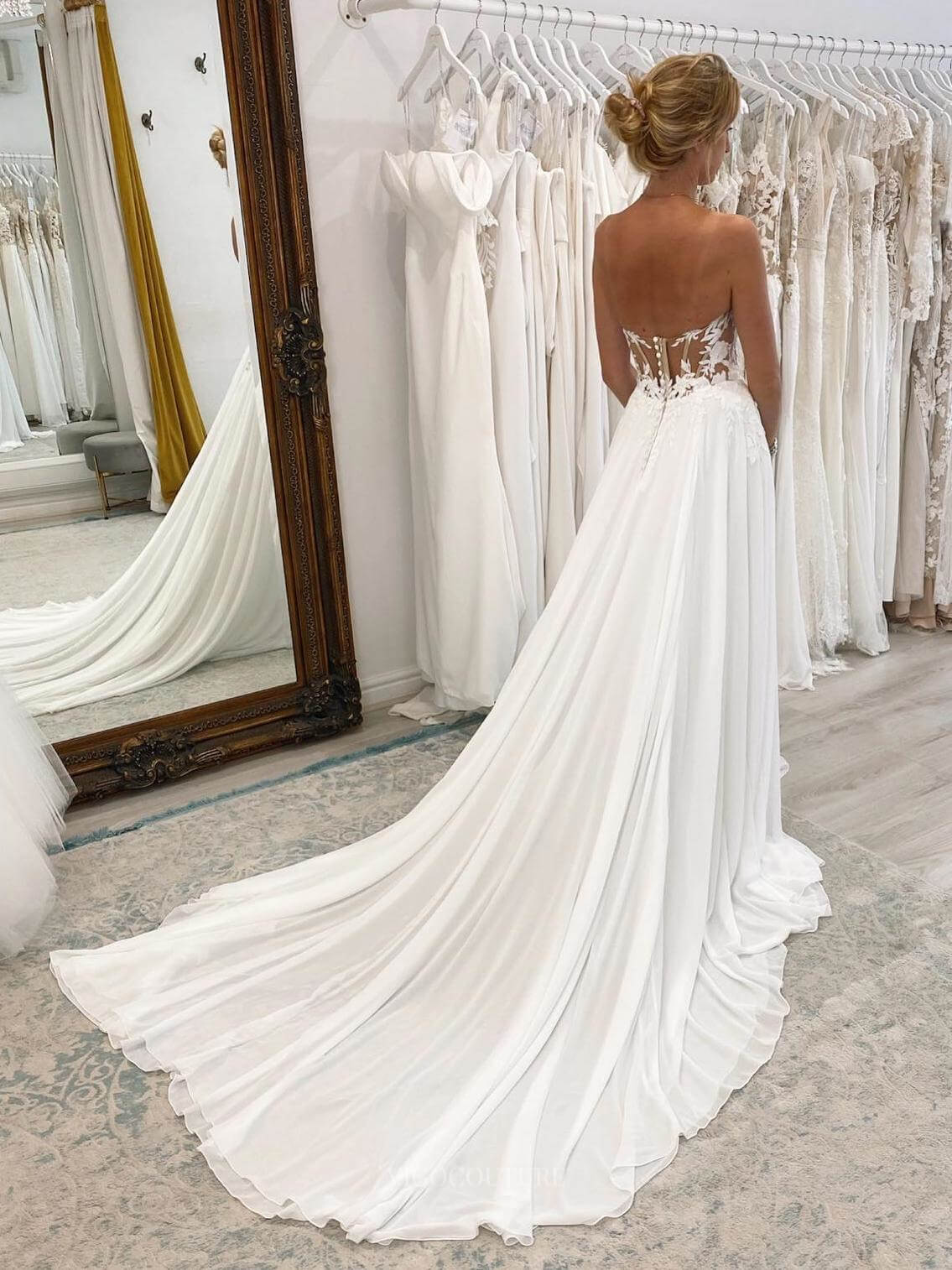 Strapless Lace Applique Sweetheart Wedding Dress with Slit Chiffon Bridal Gown W0124 Custom Colors / 16W Strapless Lace Applique Sweetheart Wedding Dress with Slit Chiffon Bridal Gown W0124 Custom Colors / 16W