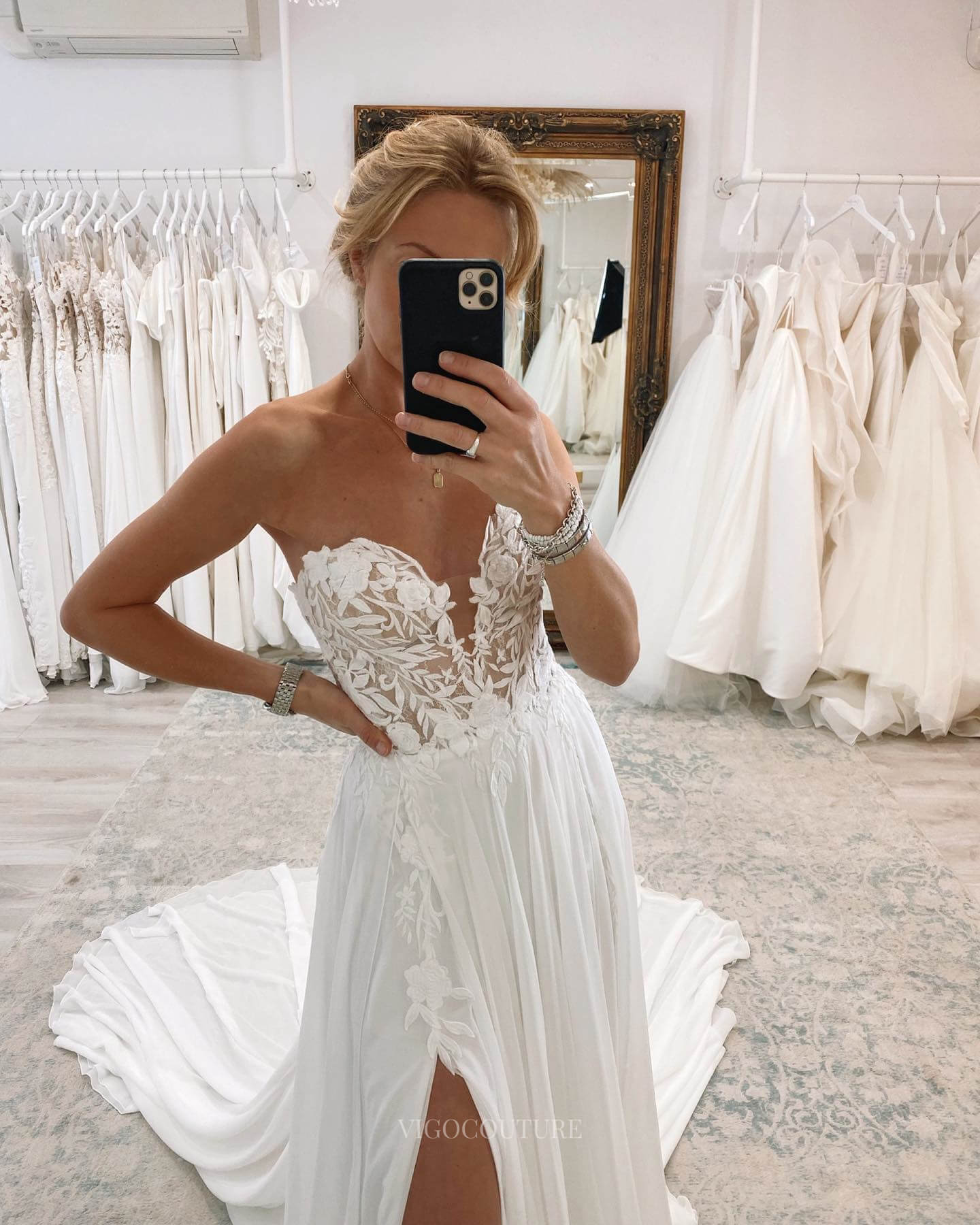 Strapless Lace Applique Sweetheart Wedding Dress with Slit Chiffon Bridal Gown W0124-Wedding Dresses-vigocouture-Ivory-US2-vigocouture