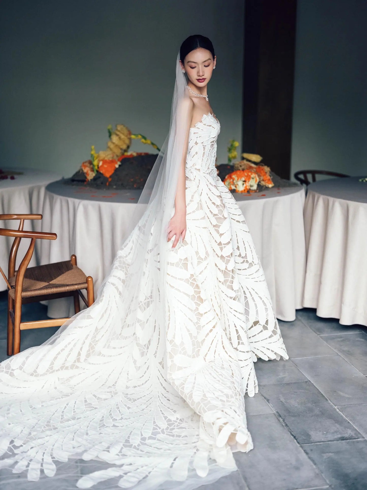 Wedding Dresses 2025 to impress Strapless Leaf Appliqué A-Line Wedding Dress with Sculpted Bodice – RD015-vigocouture-vigocouture
