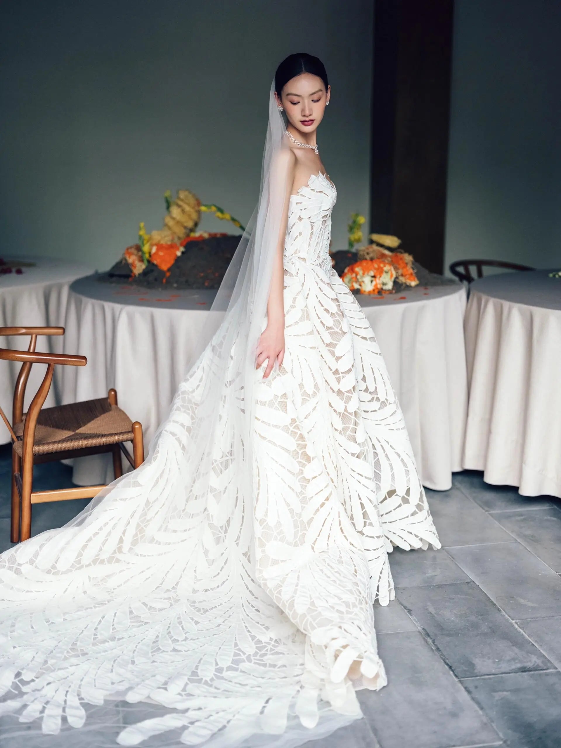 Wedding Dresses 2025 to impress Strapless Leaf Appliqué A-Line Wedding Dress with Sculpted Bodice – RD015-vigocouture-vigocouture