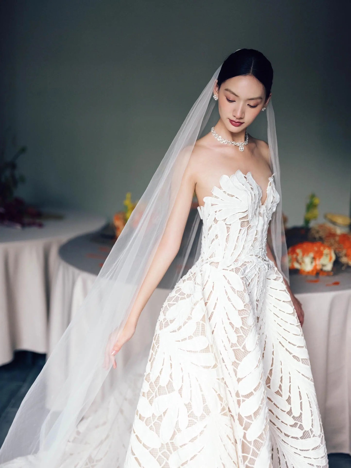 Wedding Dresses 2025 to impress Strapless Leaf Appliqué A-Line Wedding Dress with Sculpted Bodice – RD015-vigocouture-vigocouture