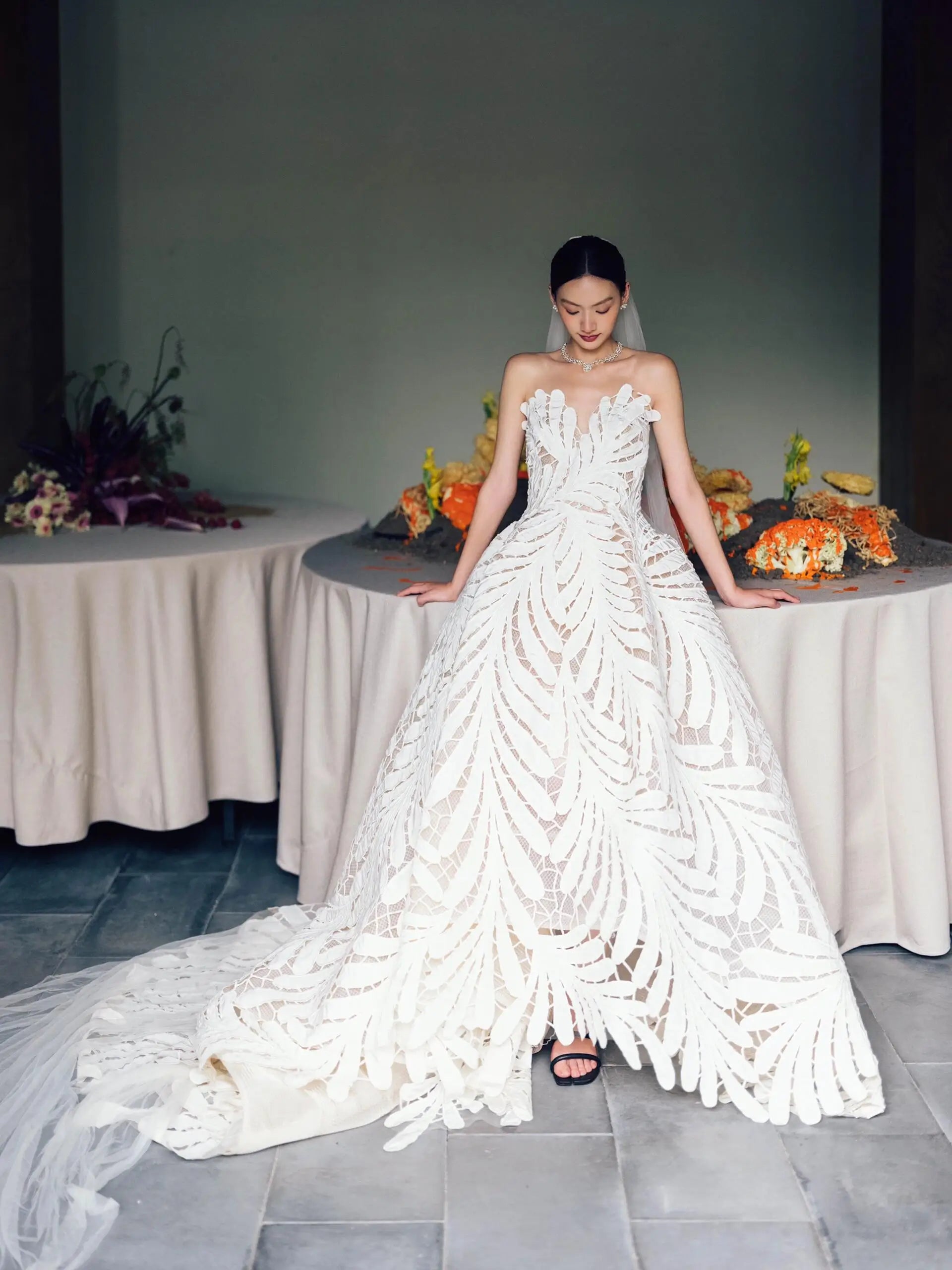 Strapless Leaf Appliqu Wedding Dress with Sculpted Bodice vigocouture Strapless Leaf Appliqu Wedding Dress with Sculpted Bodice vigocouture