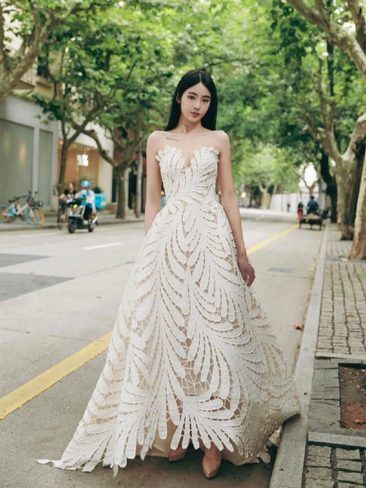 Wedding Dresses 2025 to impress Strapless Leaf Appliqué A-Line Wedding Dress with Sculpted Bodice – RD015-vigocouture-Ivory-Custom Size-vigocouture