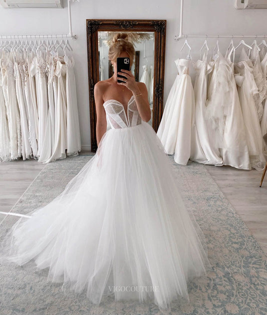 Strapless Sheer Plunging V-Neck Wedding Dress Country Tulle Bridal Gown W0107-Wedding Dresses-vigocouture-Ivory-US2-vigocouture