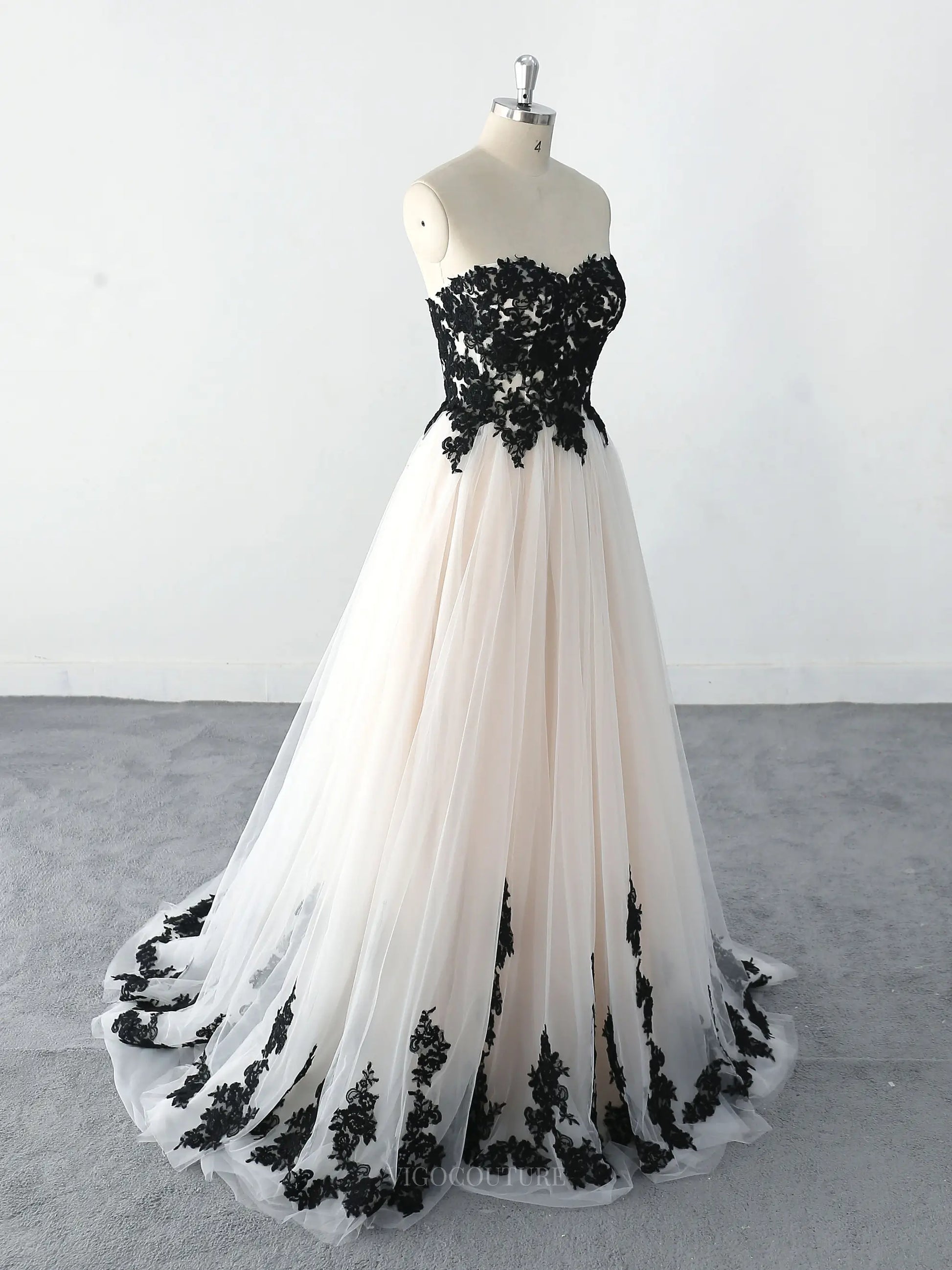 Strapless Sweetheart Neck Wedding Dresses with Black Lace & Champagne Tulle - MQ030 Black / 22W Strapless Sweetheart Neck Wedding Dresses with Black Lace & Champagne Tulle - MQ030 Black / 22W