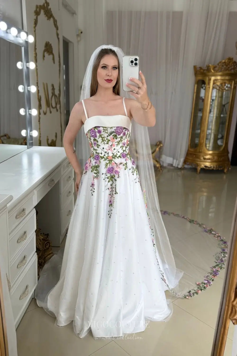 Wedding Dresses 2025 to impress Timeless Floral Embroidered A-Line Wedding Dress with Satin Band Neckline & Chapel Train - W2631-vigocouture-vigocouture