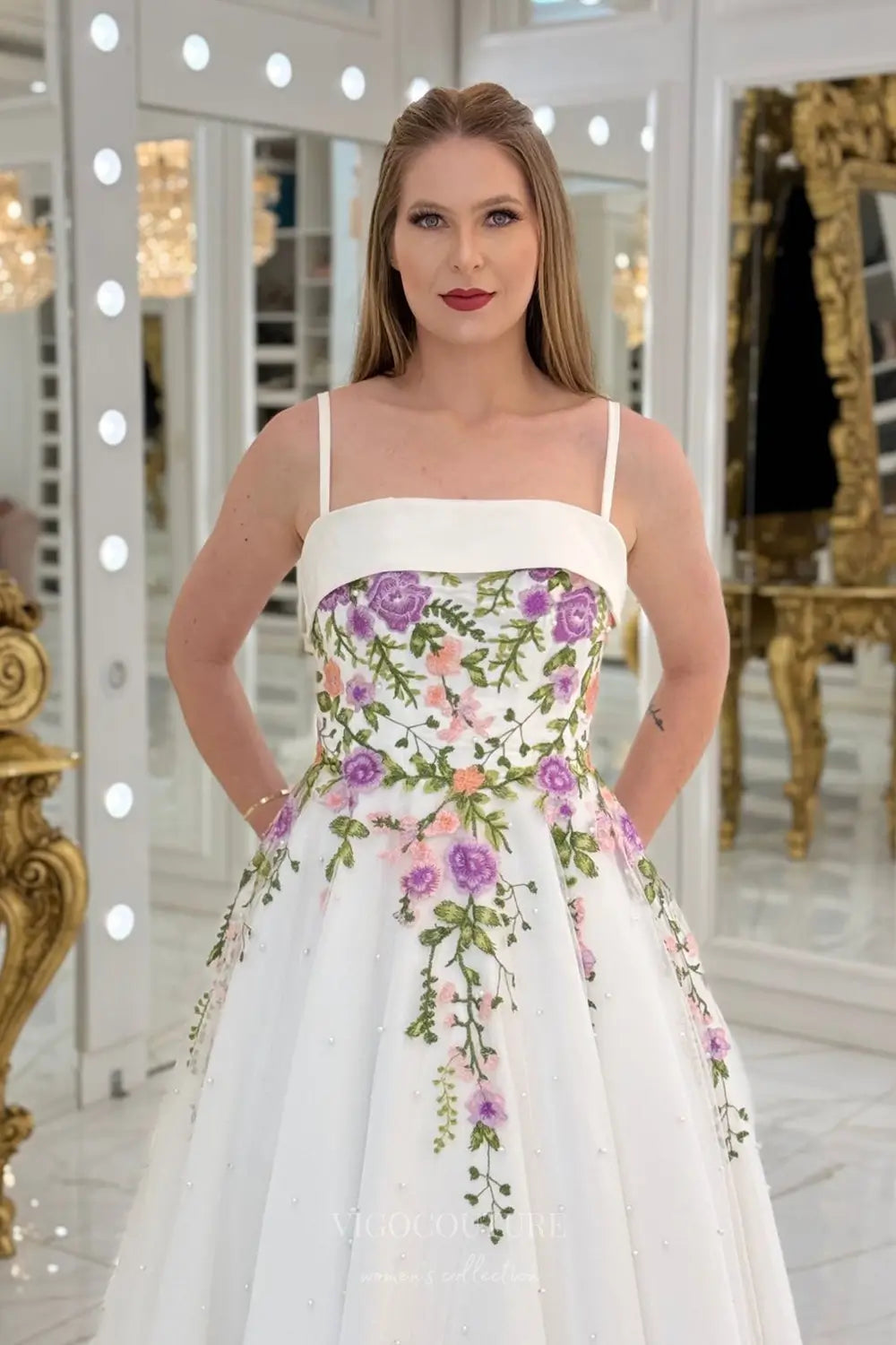 Wedding Dresses 2025 to impress Timeless Floral Embroidered A-Line Wedding Dress with Satin Band Neckline & Chapel Train - W2631-vigocouture-vigocouture