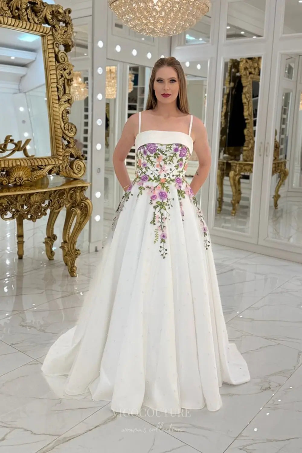 Timeless Floral Embroidered A-Line Wedding Dress with Satin Band Neckline & Chapel Train