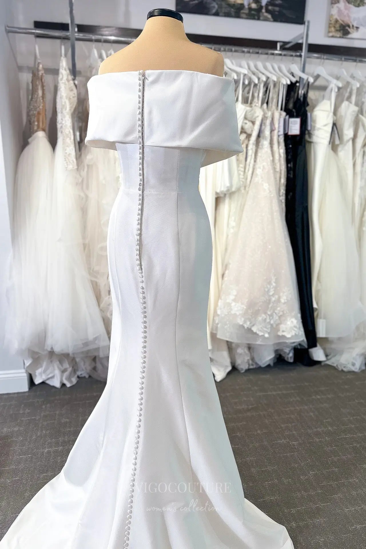 Wedding Dresses 2025 to impress Timeless Ivory Off-Shoulder Satin Mermaid Wedding Dress with Folded Neckline, Button-Down Back & Sweep Train – W2352-vigocouture-vigocouture