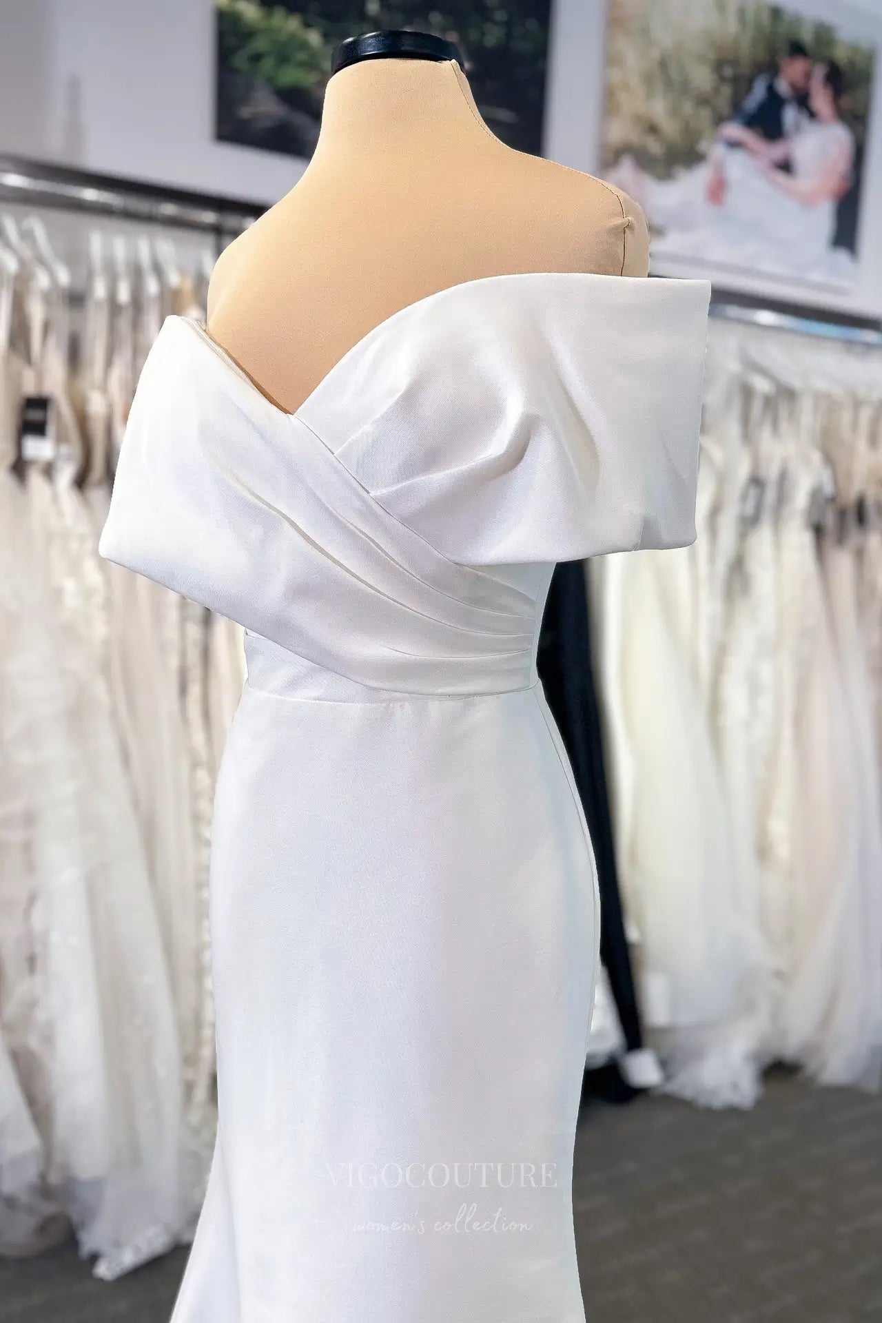 Wedding Dresses 2025 to impress Timeless Ivory Off-Shoulder Satin Mermaid Wedding Dress with Folded Neckline, Button-Down Back & Sweep Train – W2352-vigocouture-vigocouture