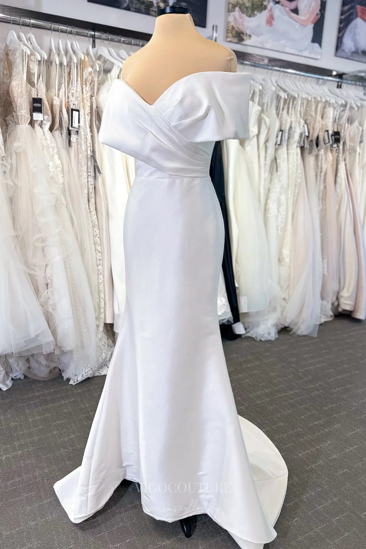 Timeless Ivory Off-Shoulder Satin Mermaid Wedding Dress with Folded Neckline, Button-Down Back & Sweep Train – W2352