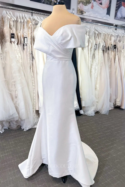 Timeless Ivory Off-Shoulder Satin Mermaid Wedding Dress with Folded Neckline, Button-Down Back & Sweep Train – W2352
