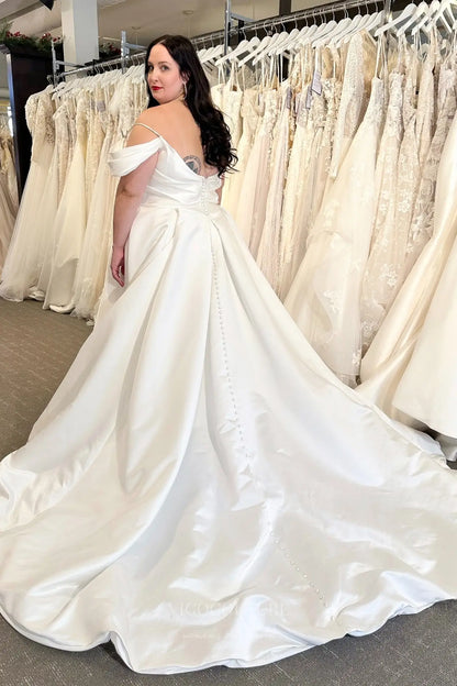 Wedding Dresses 2025 to impress Timeless Ivory Satin Off-Shoulder Wedding Dress with Draped Bodice, Pockets & Chapel Train – VW2590-vigocouture-vigocouture