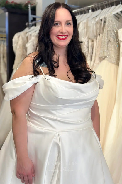 Wedding Dresses 2025 to impress Timeless Ivory Satin Off-Shoulder Wedding Dress with Draped Bodice, Pockets & Chapel Train – VW2590-vigocouture-vigocouture