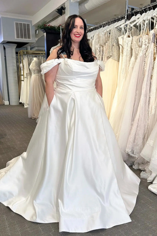 Timeless Ivory Satin Off-Shoulder Wedding Dress with Draped Bodice, Pockets & Chapel Train – VW2590