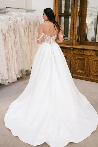Wedding Dresses 2025 to impress Timeless Ivory Satin Wedding Dress with Sheer Corset Bodice, Off-Shoulder Floral Lace & High Slit – W2354-vigocouture-vigocouture