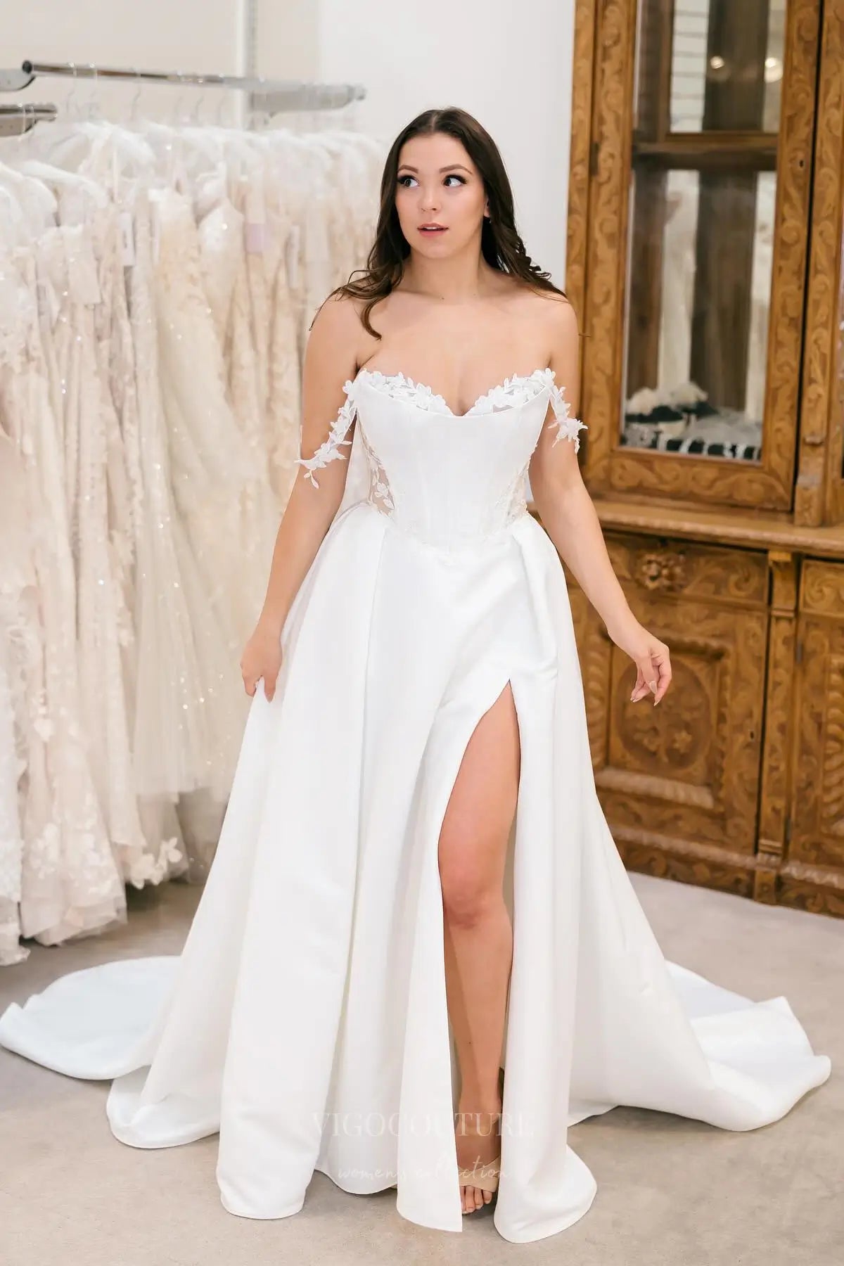 Wedding Dresses 2025 to impress Timeless Ivory Satin Wedding Dress with Sheer Corset Bodice, Off-Shoulder Floral Lace & High Slit – W2354-vigocouture-vigocouture