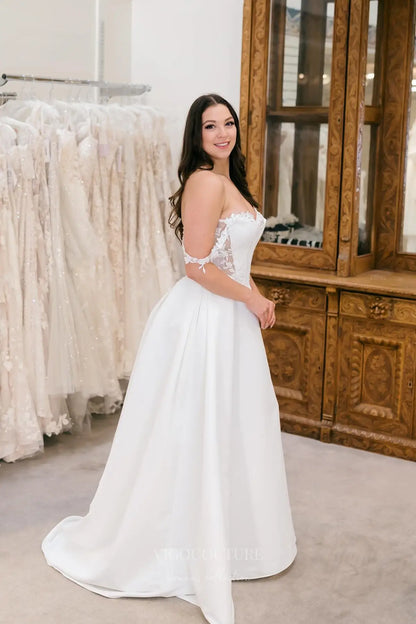 Wedding Dresses 2025 to impress Timeless Ivory Satin Wedding Dress with Sheer Corset Bodice, Off-Shoulder Floral Lace & High Slit – W2354-vigocouture-vigocouture